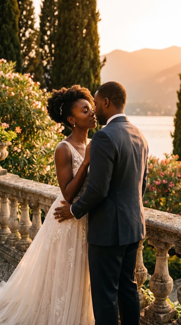 Bride and groom about to kiss on a terrace at sunset